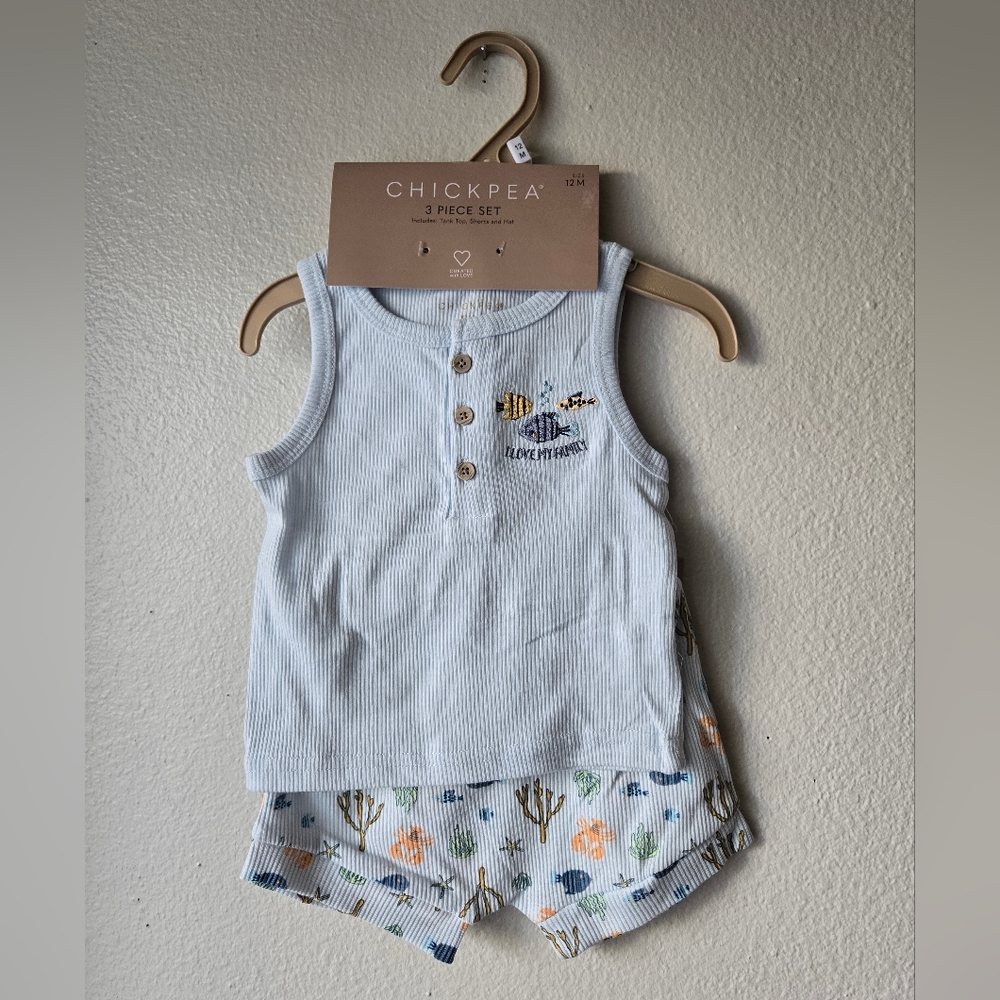 NWT Chickpea Baby Tank Top, Shorts, And Hat Set, Sizes 12M, 18M, 24M, Fish Theme